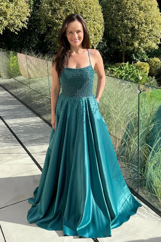 End - Of - Month Blowout Green A-line Beaded Lace-Up Back Satin Long Prom Dress