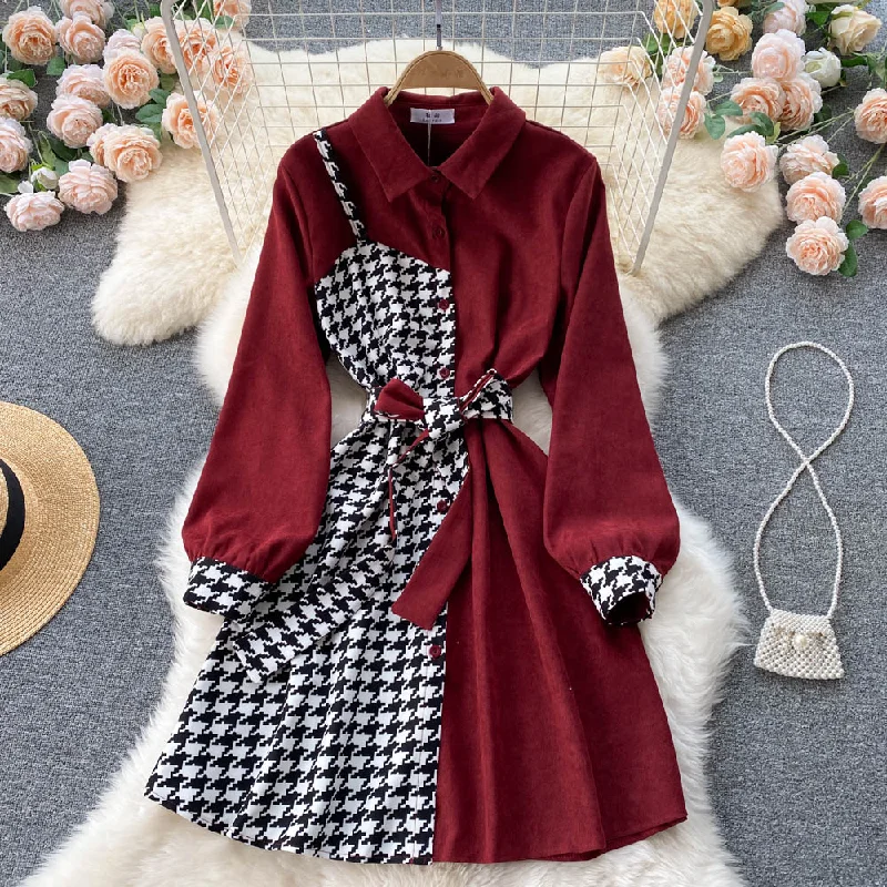 Chic Outfits Stylish Houndstooth Contrast Long Sleeve Dress     S224