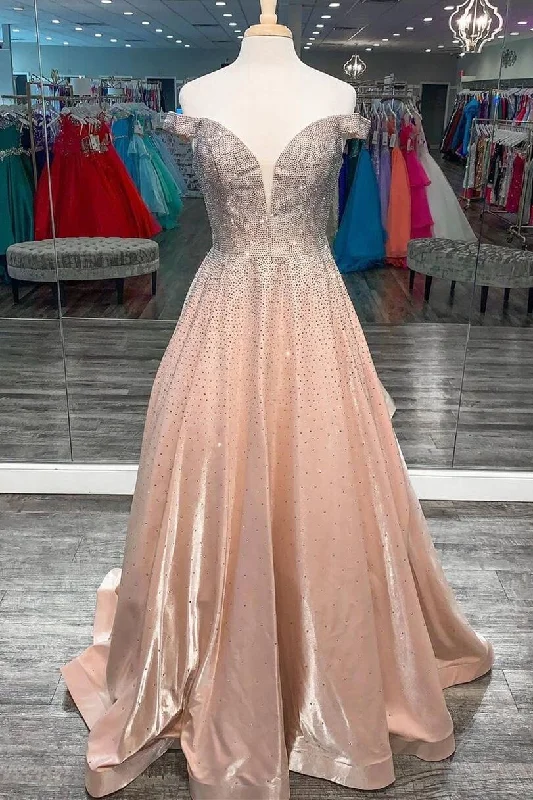 Father'S Day Deals Off the Shoulder Beaded Satin Long Prom Gown