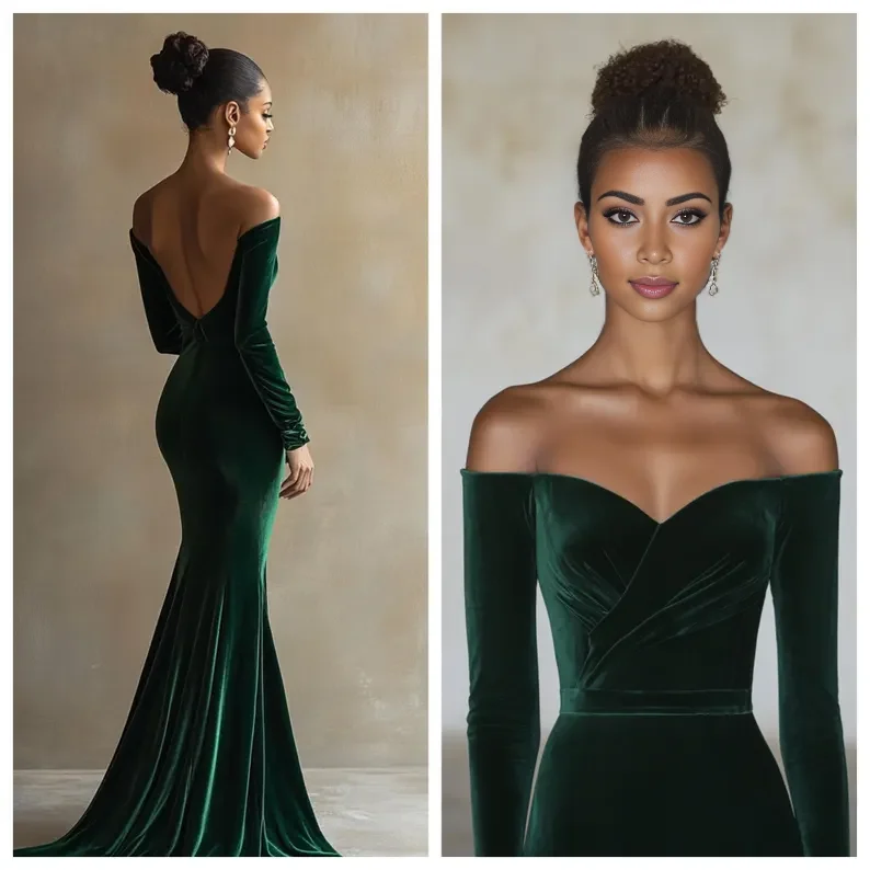 Last Chance Sale Evening Dress Velvet Off-Shoulder Custom Tailored Dress Long Sleeve Backless Elegant Formal Wear Dresses