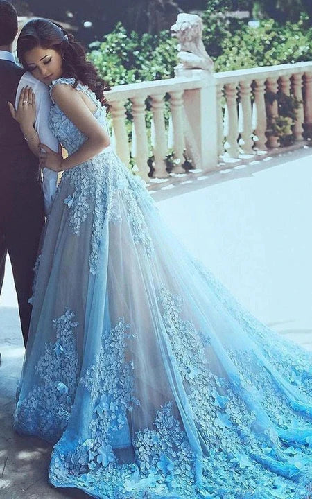 Budget-Friendly Fashion Blue Sleeveless A-line Tulle Ball Gown Applique Prom Wedding Dress