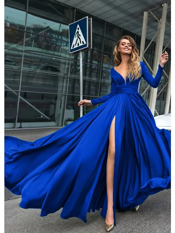 Fashion Sale Sexy Holiday Prom Formal Evening Dress V Neck V Back Long Sleeve Floor Length Chiffon with Slit    S1189