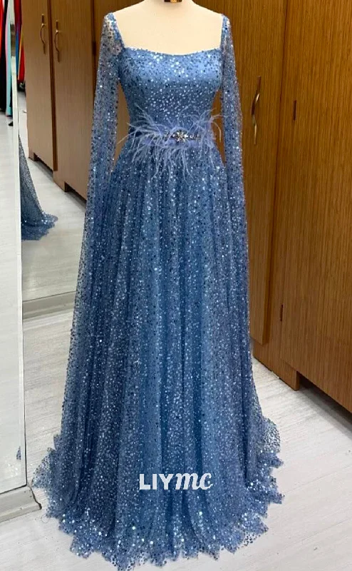 Last Chance Sale LP2249 - Square Long Sleeves Beaded Sequins Feathered A-Line Cocktail Dress Prom Dress