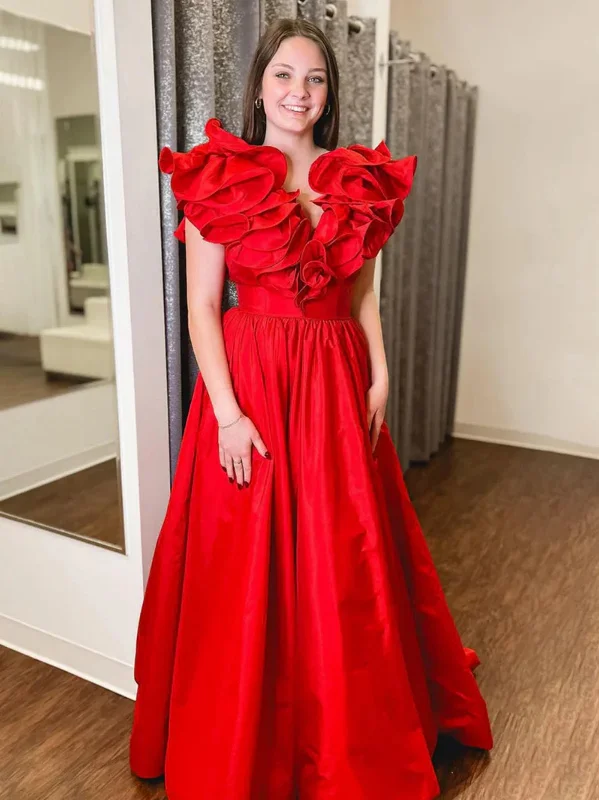 Budget-Friendly Fashion A Line Ruffle V Neck Red Satin Long Prom Dresses, Long Red Formal Graduation Evening Dresses SP3069