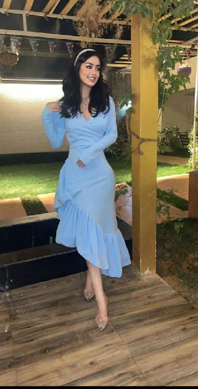 Clearance Event Mermaid Light Blue Women's Prom Dresses V Neck Long Sleeves Formal Occasion Dress Evening Dress       S5380