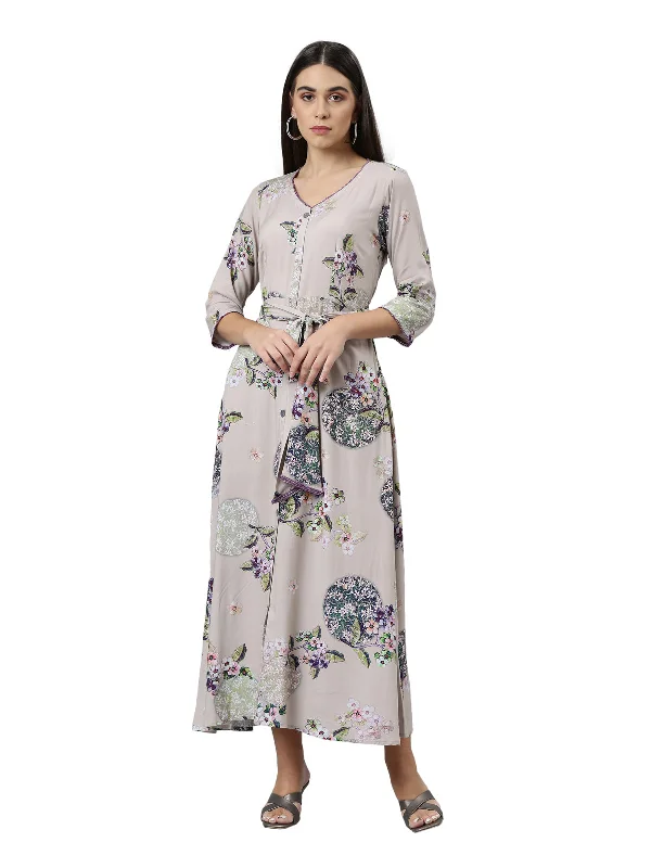 Cool Prices Neerus Women Grey Floral Ethnic Maxi Dress