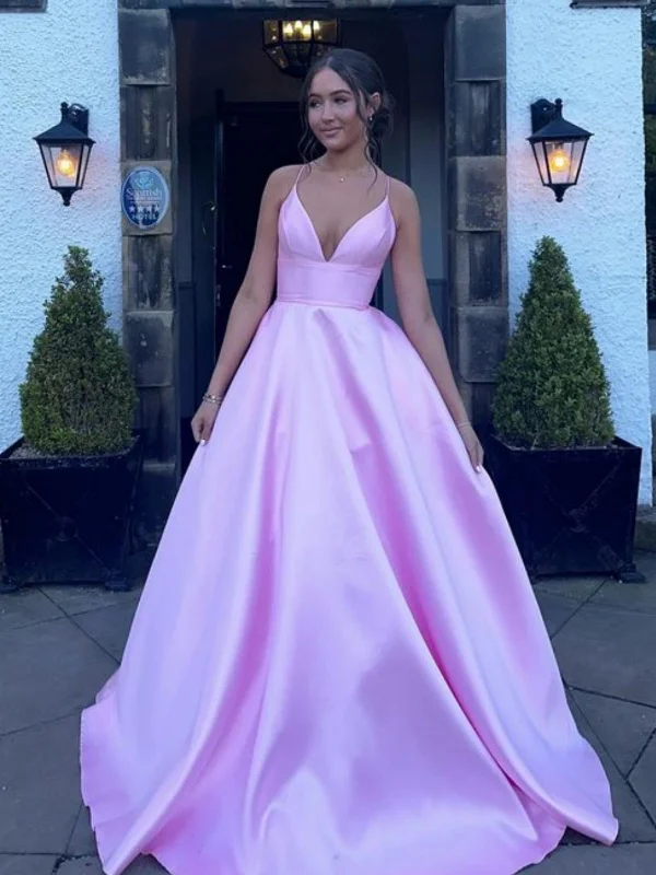 Exclusive Sale A Line V Neck Pink Satin Long Prom Dresses, Long Pink Formal Graduation Evening Dresses SP3023