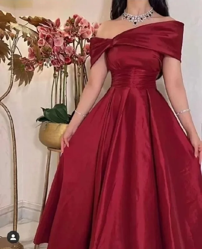 Hot Trends Dark Red Midi Prom Dresses Off Sleeves Ankle Length Arabic Dubai Formal Party Gowns Evening Gowns Y4620