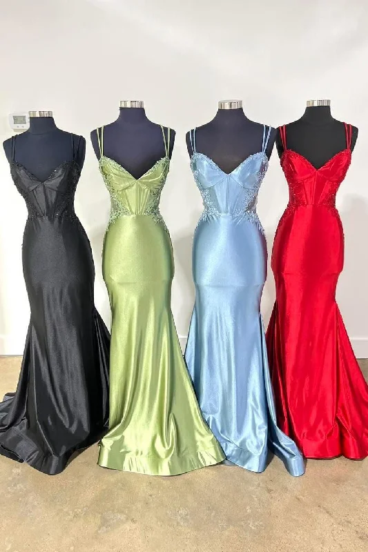 Special Occasion Wear Double Straps Appliques Mermaid Satin Formal Dress