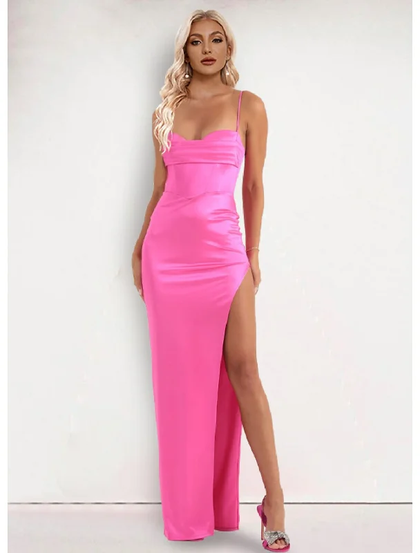 Save On Inspired Styles Evening Gown Dress Formal Floor Length Sleeveless Strap Stretch Satin with Slit