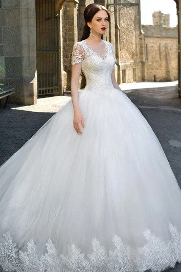 Budget-Friendly Fashion Ball Gown Long V-Neck Cap-Sleeve Zipper Tulle Dress With Appliques