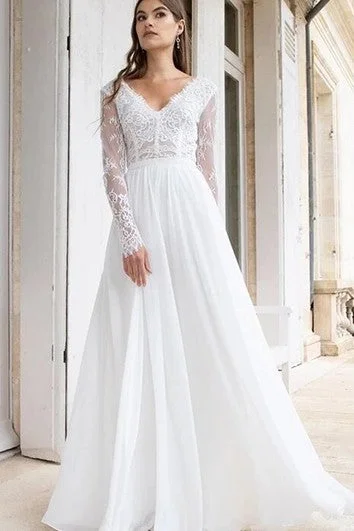 Day-To-Night Styles Modest BV-neck A Line Floor-length Long Sleeve Wedding Dress