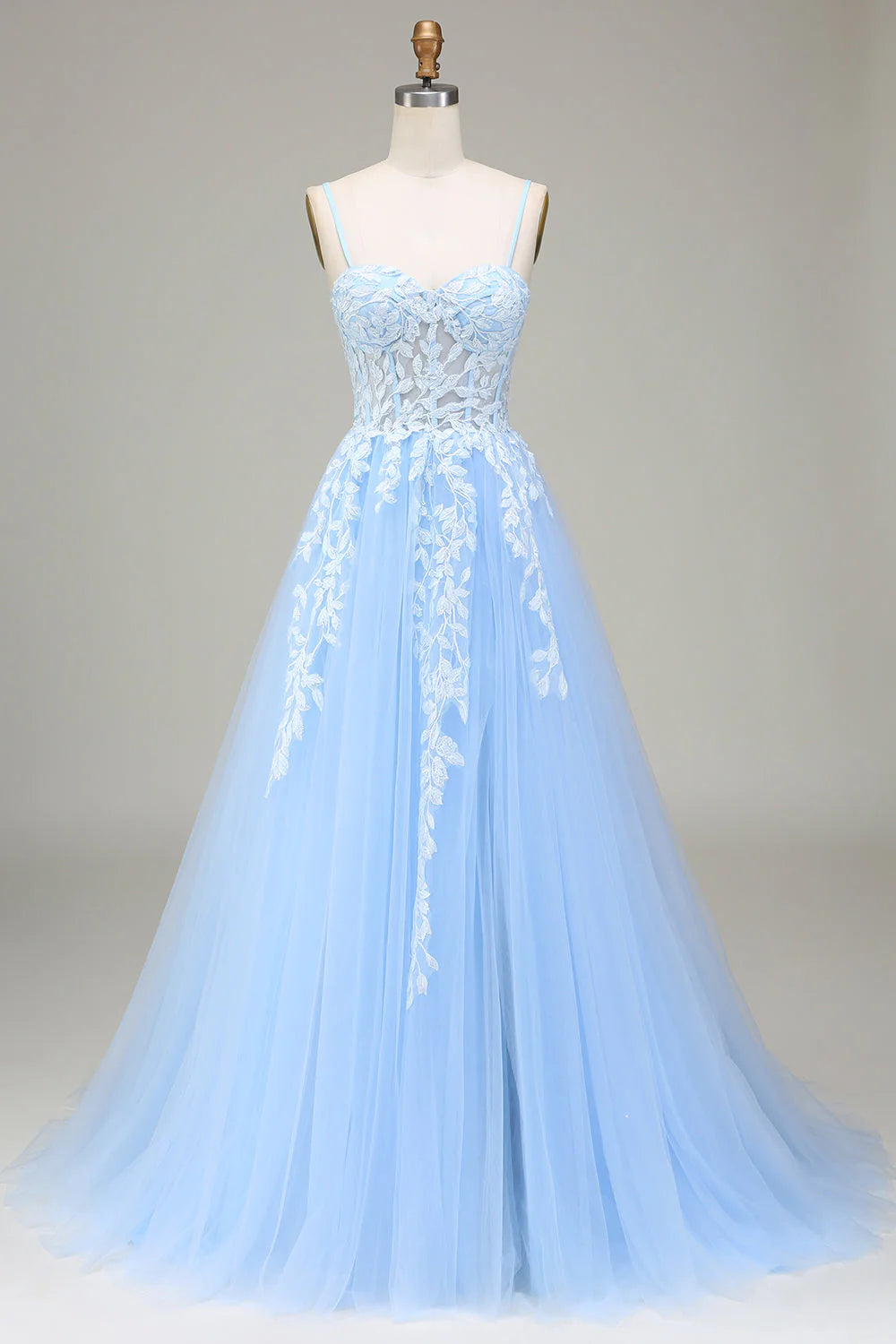 Father'S Day Deals Amzcw Sky Blue A-Line Spaghetti Straps Tulle Prom Dress with Appliques prom dresses with long sleeves