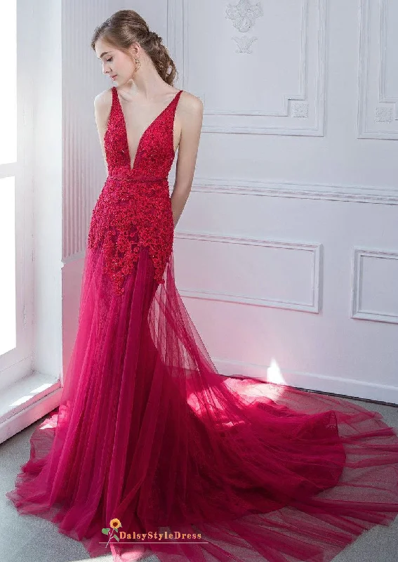 Style Upgrade Mermaid Deep V-neckline Red Wedding Dress