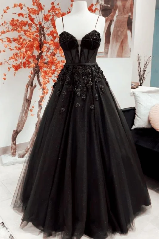 Mother'S Day Special Black Spaghetti Straps A-line Prom Dress,Black Senior Prom Gown Y6126