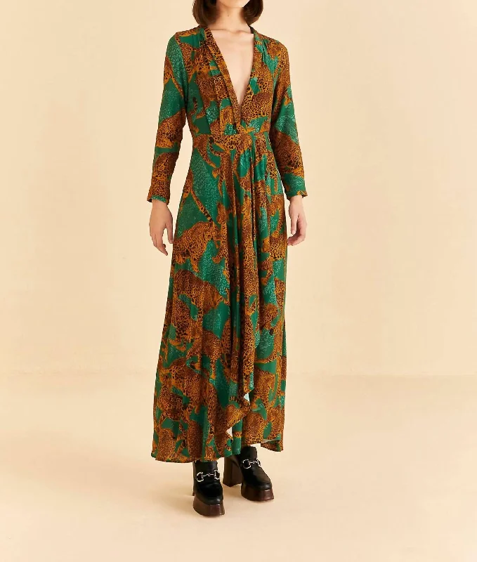 Special Offer Artsy Leopards Maxi Dress In Green