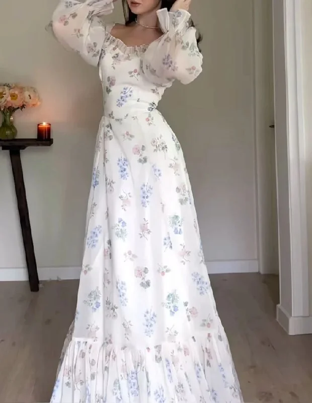 Early Access To Art Deco Styles Sale Elegant Flowers Print Ruffle Long Sleeve Prom Dresses       S5592