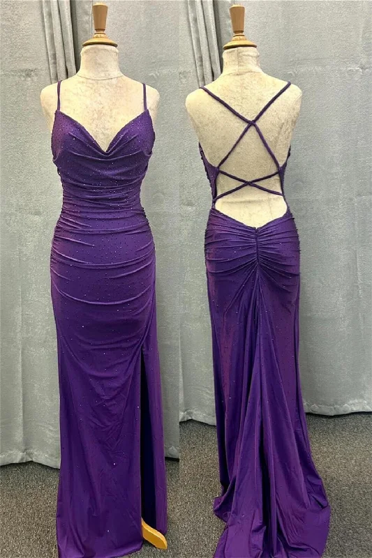 Feminine Soft - Hued Styles Purple Cowl Neck Mermaid Satin Long Prom Dress with Slit