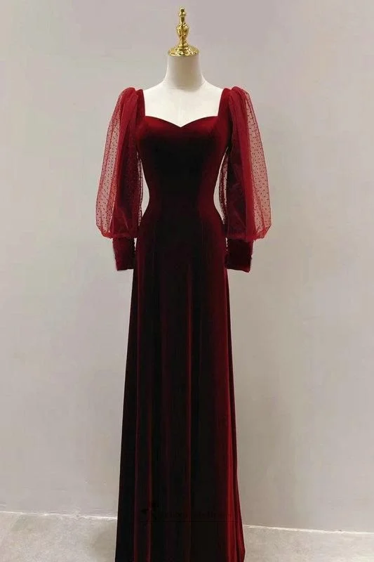 Trend Alert Modest Long Sleeve Deep Red Velvet Evening Dress   S1877