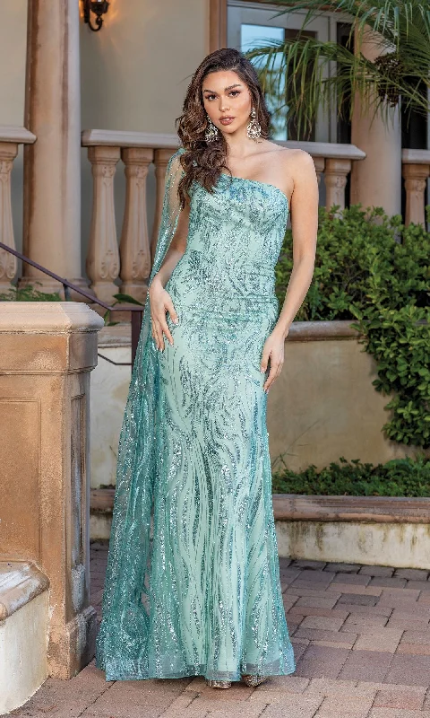 Latest Fashion One-Shoulder Long Glitter Prom Gown with Cape