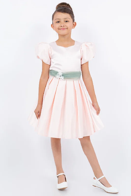 Casual Chic Puff Sleeve Satin Flower Girl Dress by Cinderella Couture USA AS9159