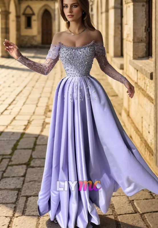 Limited Styles LP2281 - Off-Shoulder Beaded Long Sleeves Pleated A-Line Prom Dress