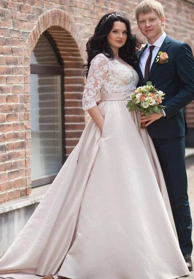 Special Occasion Wear V-Neck Illusion Long Sleeve A-Line Satin Appliqued Plus Size Wedding Dress