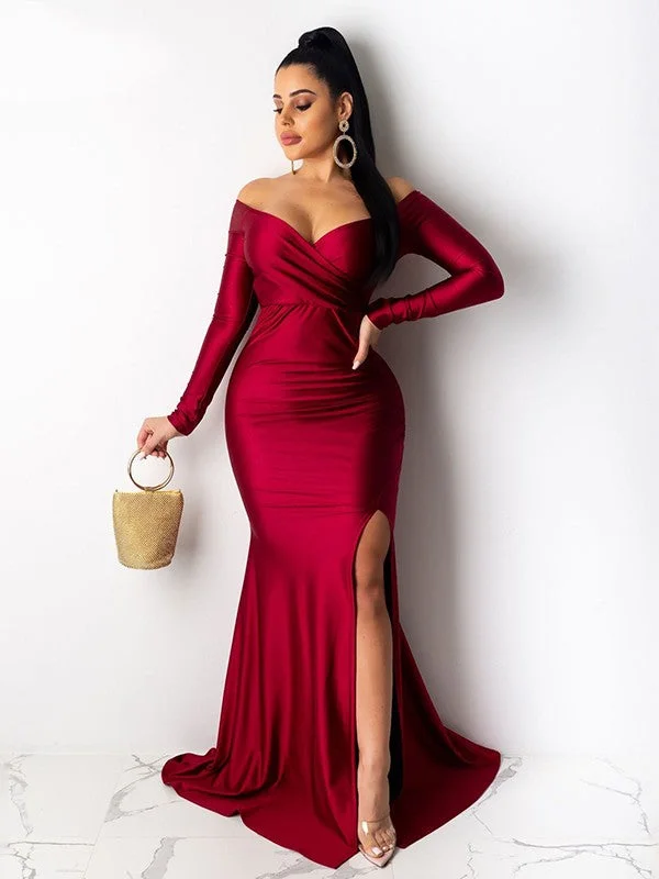 Spring Fling Sale Sheath/Column Jersey Ruched Off-the-Shoulder Long Sleeves Sweep/Brush Train Dresses