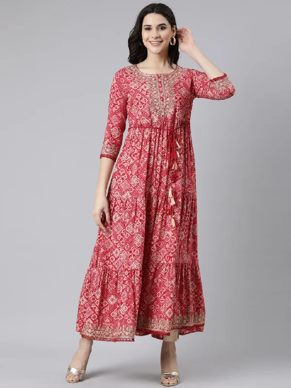 Cool Prices Neerus Pink Flared Casual Floral Fit and Flare Dresses