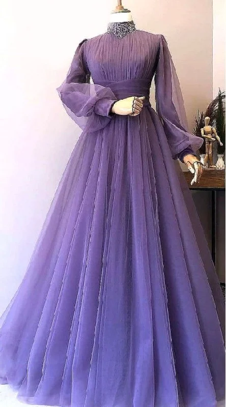 Seasonal Sale High Neck Vintage Prom Dresses Long Sleeve Muslim Beaded Lace Tulle Elegant Purple Prom Gown Y5845