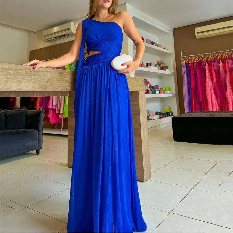 Flash Deals Royal Blue One Shoulder Long Evening Dress Women Sexy Formal Chiffon Prom Party Gowns Y4838