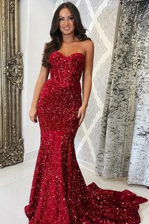 Big Savings On Rustic Countryside Styles Red Sequin Corset-Top Mermaid Long Prom Gown Formal Dresses Y5960