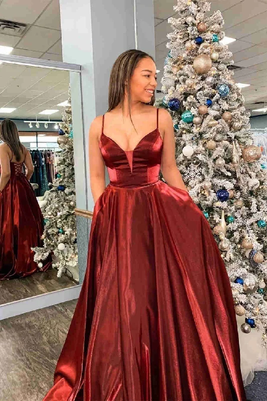 Trend Alert Elegant Spaghetti Straps Burgundy Satin Prom Dress