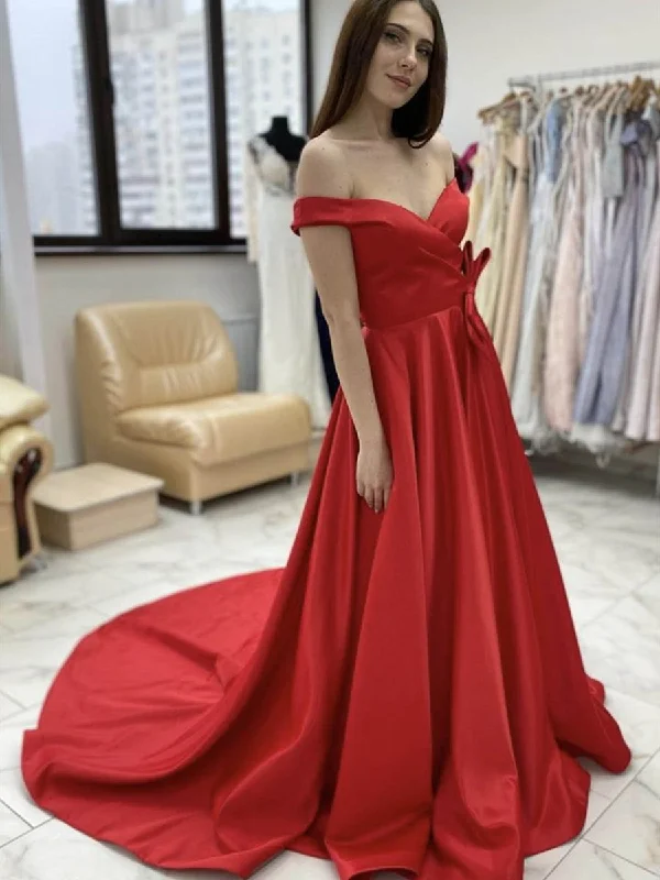 Summer Splash Sale Off Shoulder Red Satin Long Prom Dresses, Off the Shoulder Red Formal Dresses, Red Evening Dresses