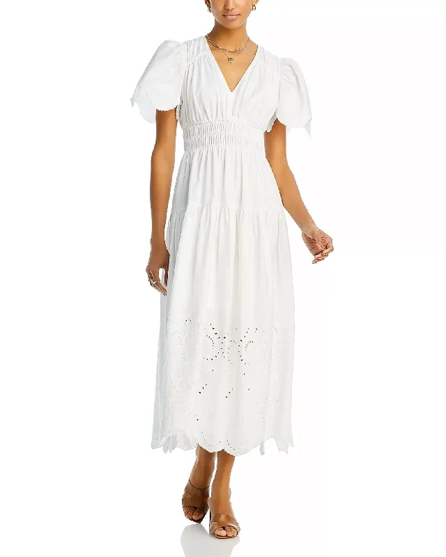 Celebrate With Big Savings Pleated Eyelet Midi Dress In White