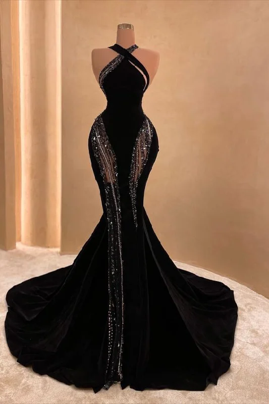 Seasonal Trends Sexy Black Mermaid Long Prom Dress with Train,Chic Black Evening Gown Y4178