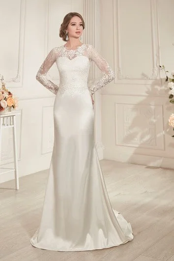 Exclusive Discount Sheath Long Jewel-Neck Illusion-Sleeve Lace-Up Satin Dress With Keyhole