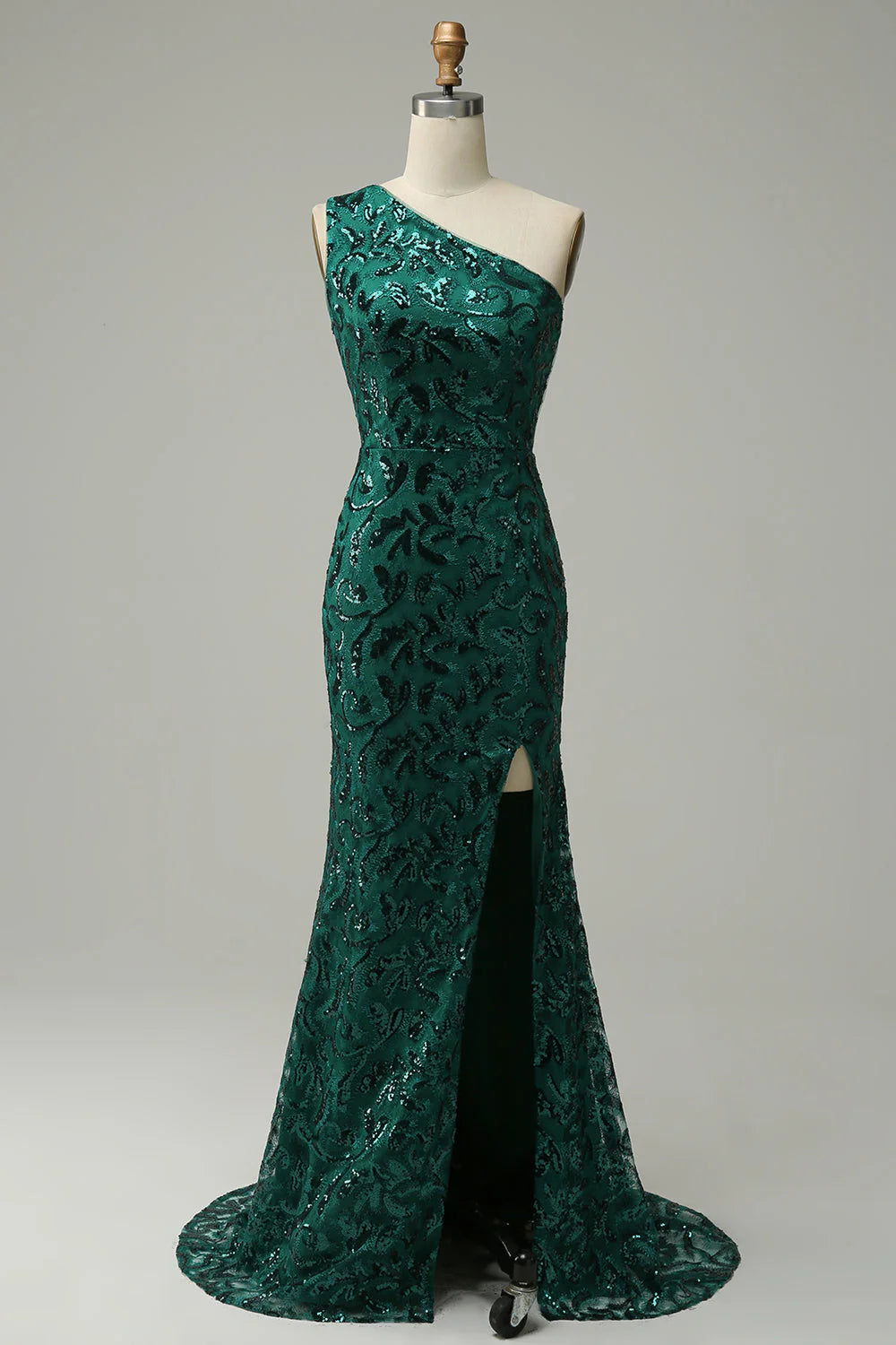 Feminine Soft - Hued Styles Amzcw Dark Green Mermaid One Shoulder Sequins Long Prom Dress with Split Front prom dresses with long sleeves