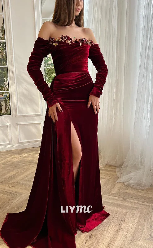 Big Savings LP2191 - Off-Shoulder Long Sleeves Sheath High Slit Prom Dress