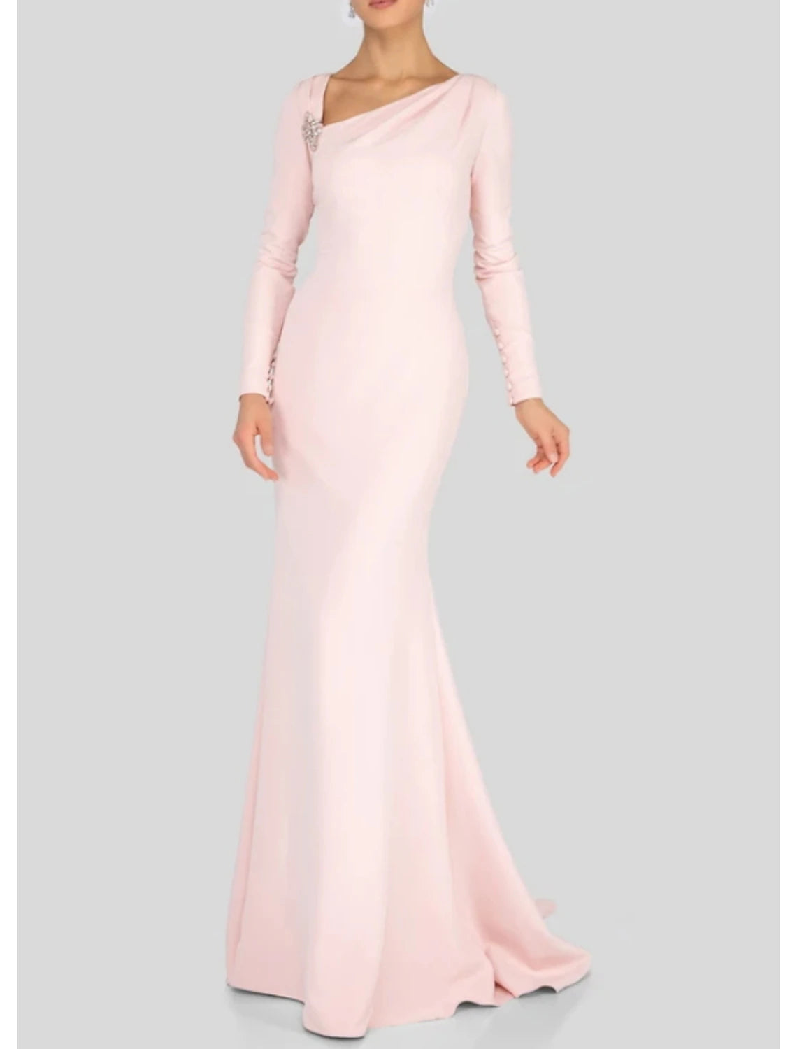 Flash Deals Sheath / Column Mother of the Bride Dress Elegant V Neck Floor Length Polyester Long Sleeve with Beading Ruching