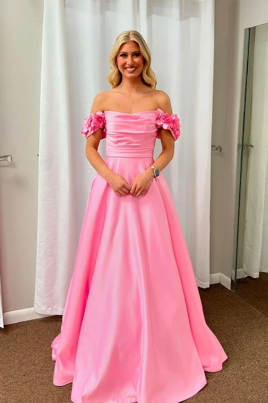 Seasonal Sale Flower Off the Shoulder Pink Satin A-line Prom Dress