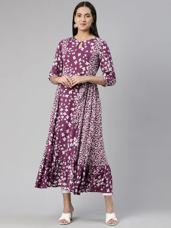 Seasonal Fashion Neeru's Purple Floral Keyhole Neck Chiffon Ethnic A-Line Midi Dress