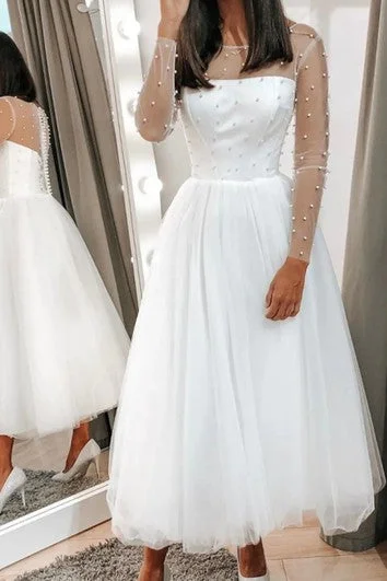 Season Sale Modest Bateau A Line Tea-length Long Sleeve Wedding Dress With Beading