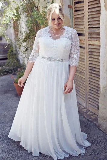 Chic Styles Jeweled Half-Sleeve V-Neck Chiffon Plus Size Wedding Dress With Pleats