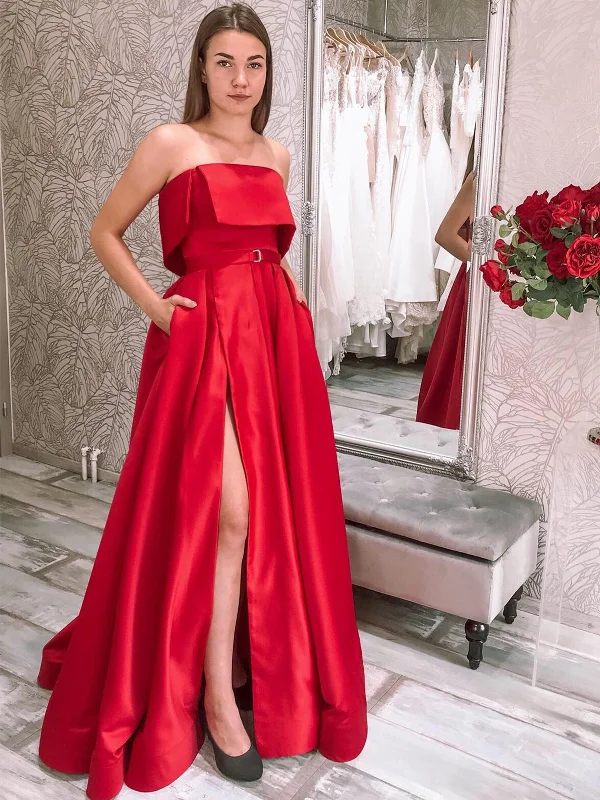 Summer Fashion A Line Strapless Red Satin Long Prom Dresses with Pocket, High Slit Red Formal Graduation Evening Dresses SP2097