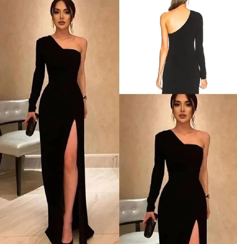 Holiday Sale Black Simple Mermaid Evening Dress Long Sleeves One Shoulder High Side Split Formal Prom Dress Party Wear      S786