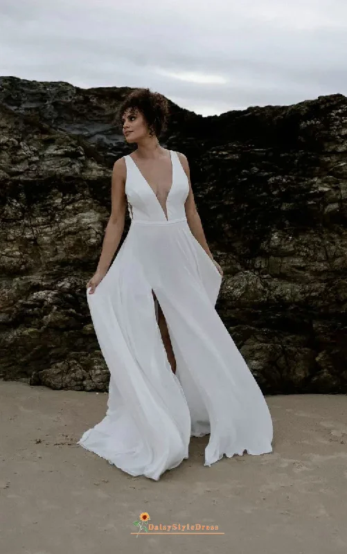 Fashionista Favorites Sexy Slit Plunge Neckline Summer Wedding Dress