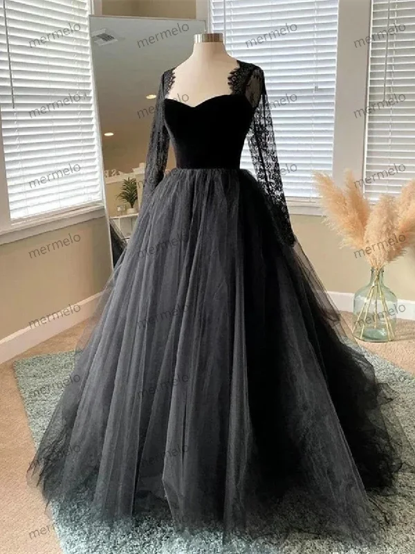 Seasonal Sale Black Tulle and Velvet Long Sleeves Formal Dress, Black Lace Prom Dress