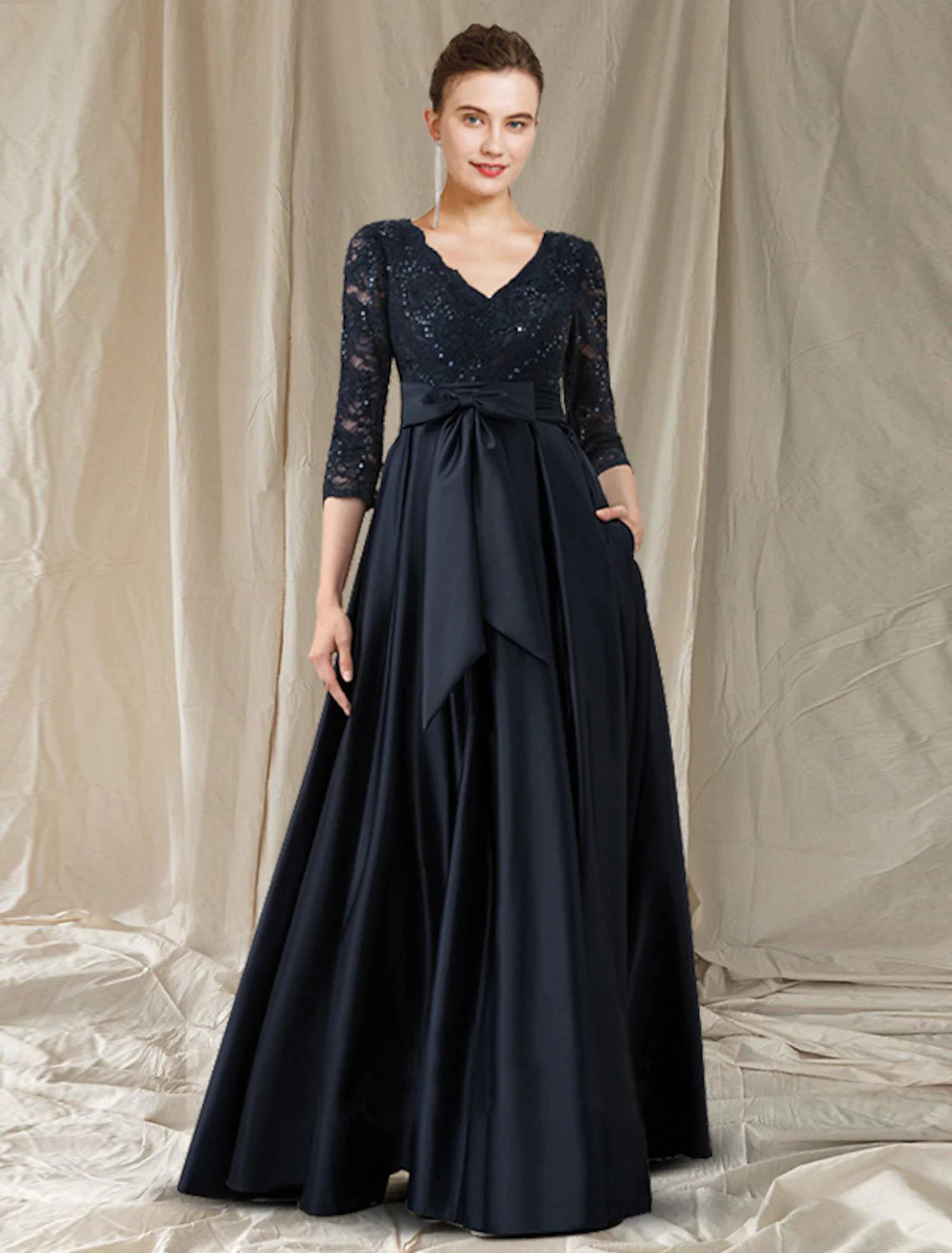 Seasonal Fashion A-Line Cut Out Elegant Engagement Formal Evening Dress V Neck Long Sleeve Floor Length Lace with Bow(s) Pocket