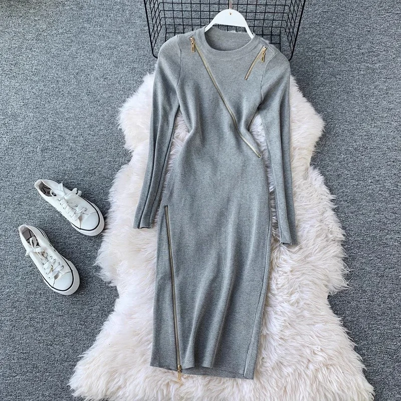 Limited Quantities design knitted skirt round neck long sleeves irregular zipper solid color dress for women      S4237